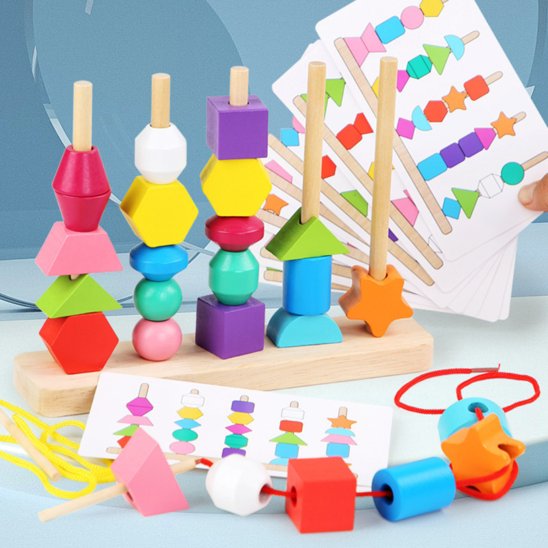 Wooden Montessori colors and shapes thread toy