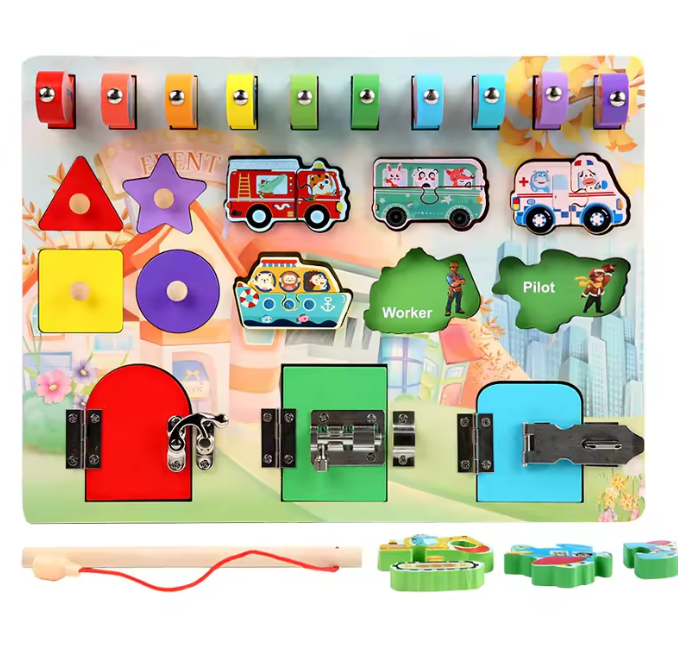 Montessori Busy Board Puzzle – Early Education Key Lock Unlock Toy for Boys and Girls