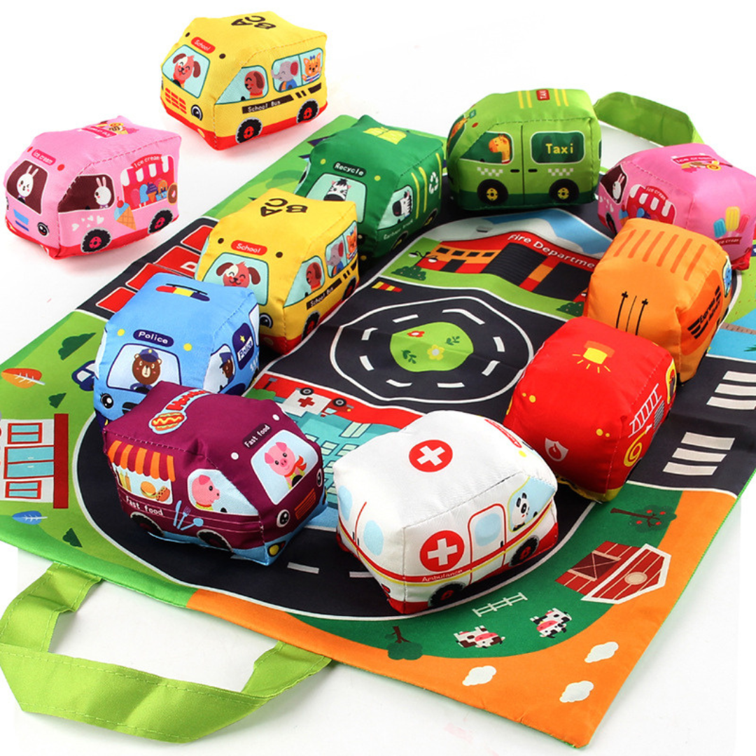 2in1 sensory plush toy cars with road mat and bag for on the go