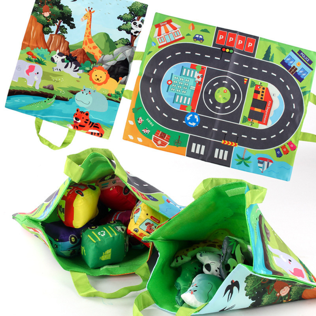 2in1 sensory plush toy cars with road mat and bag for on the go