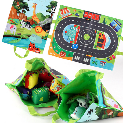 2in1 sensory plush toy cars with road mat and bag for on the go