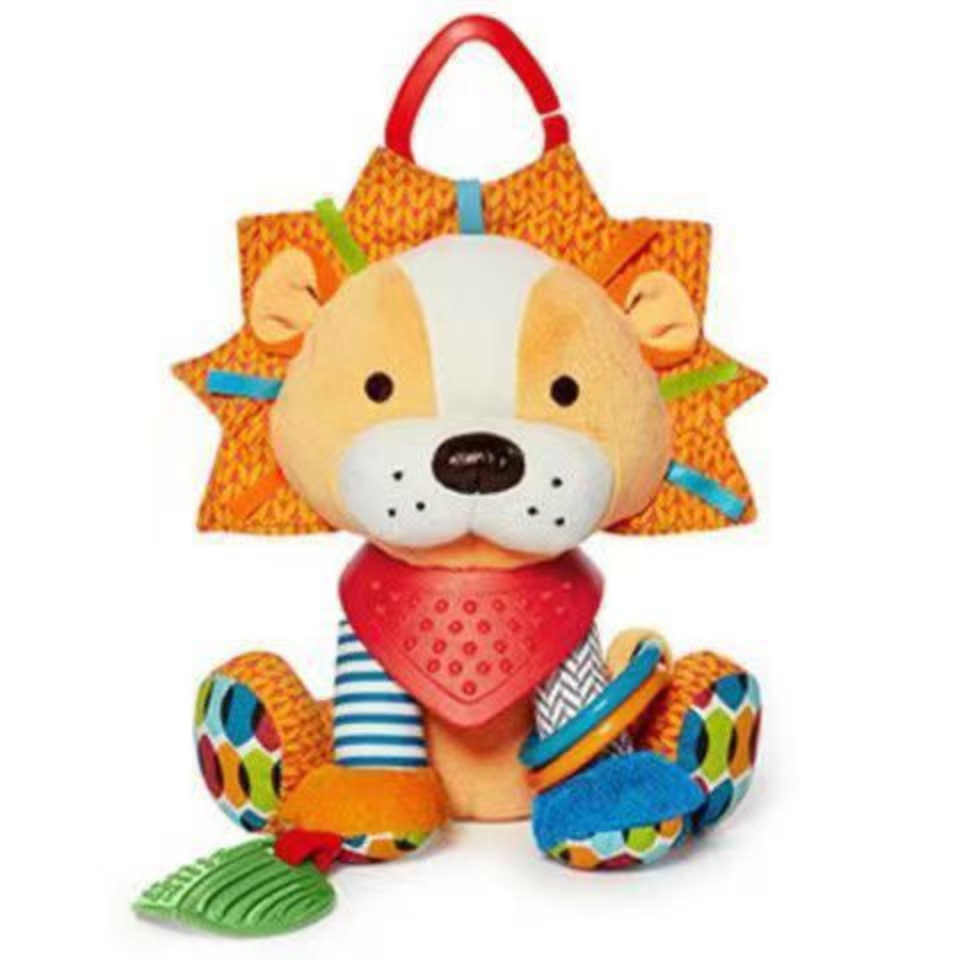 Sensory baby plush toy with rattle and silicone attachment for teething