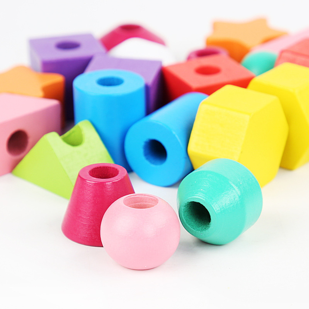 Wooden Montessori colors and shapes thread toy