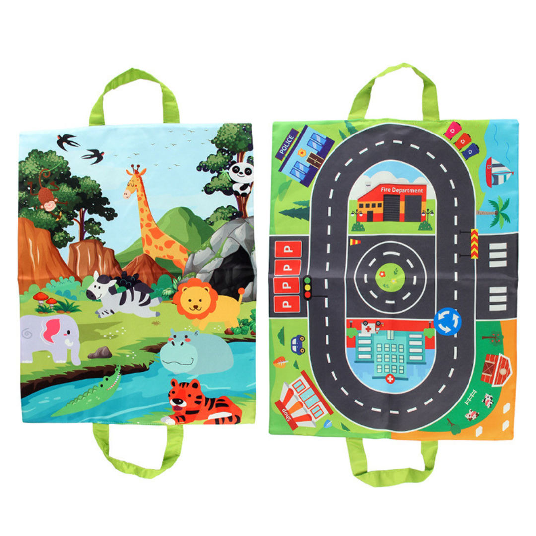 2in1 sensory plush toy cars with road mat and bag for on the go