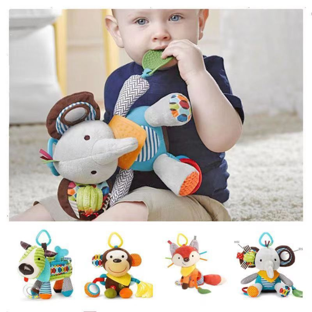 Sensory baby plush toy with rattle and silicone attachment for teething