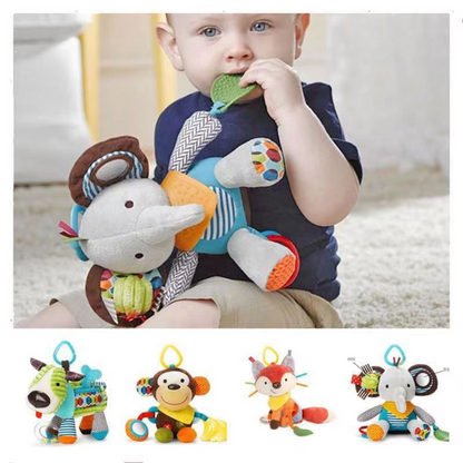 Sensory baby plush toy with rattle and silicone attachment for teething