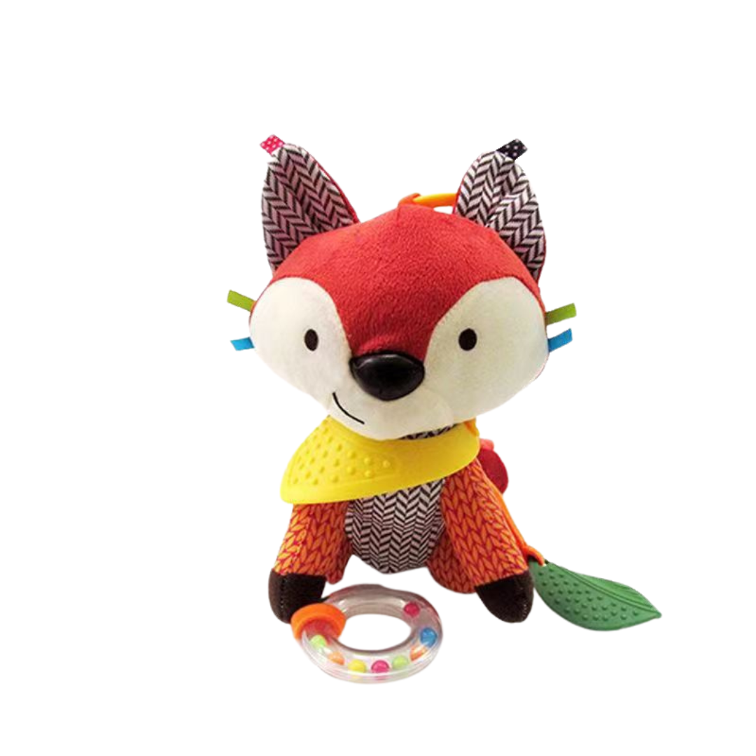 Sensory baby plush toy with rattle and silicone attachment for teething