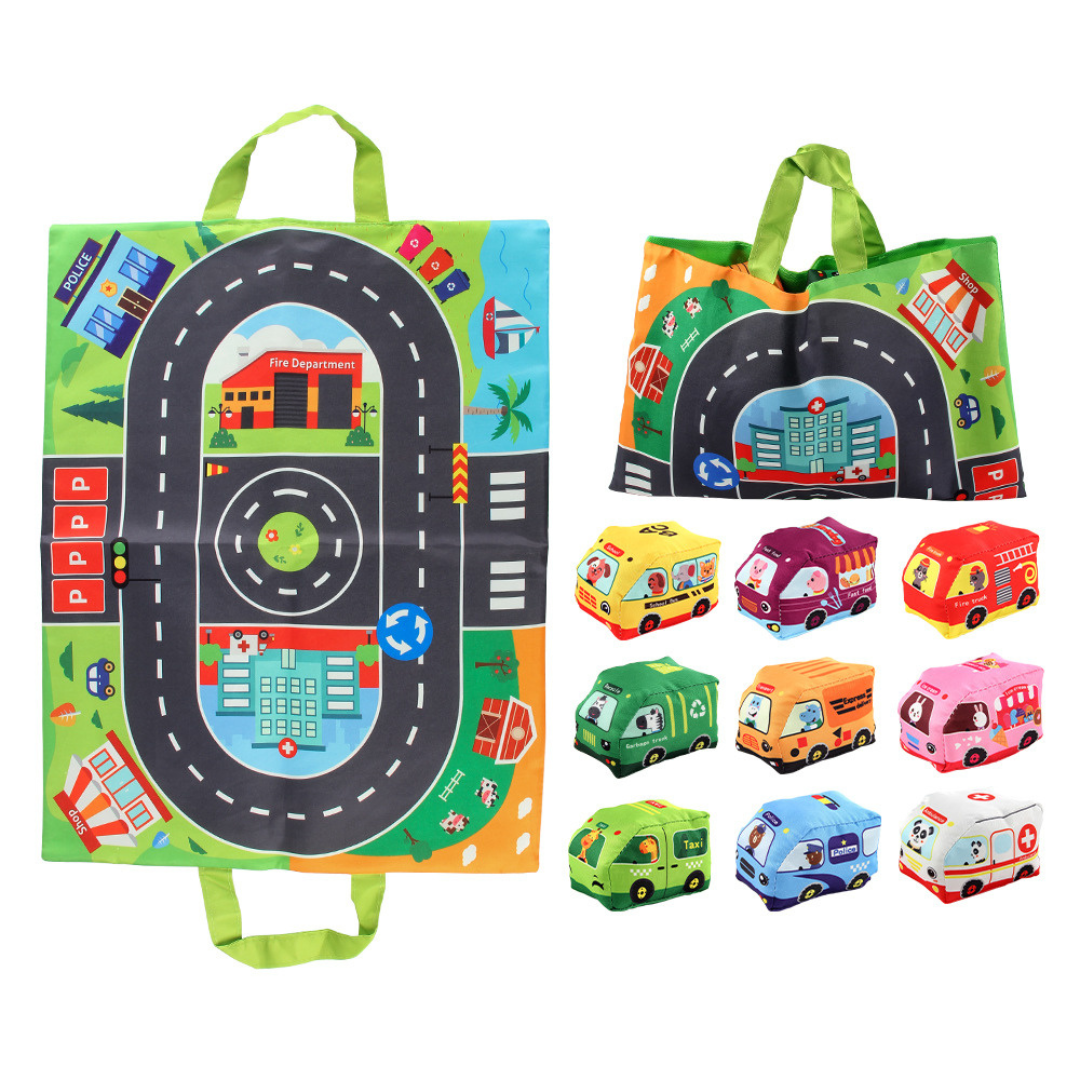 2in1 sensory plush toy cars with road mat and bag for on the go