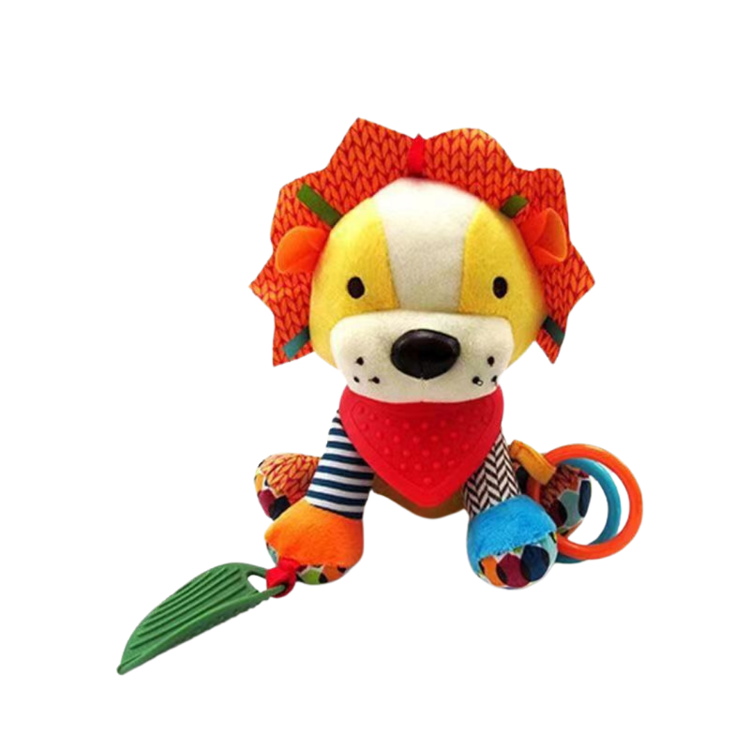 Sensory baby plush toy with rattle and silicone attachment for teething