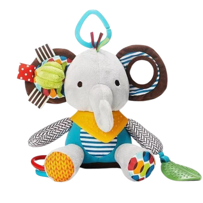 Sensory baby plush toy with rattle and silicone attachment for teething