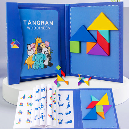 Portable Montessori Wooden Magnetic Tangram Puzzle Book Educational Toy