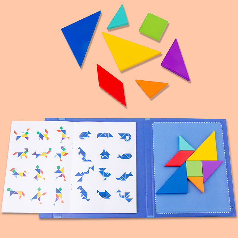 Portable Montessori Wooden Magnetic Tangram Puzzle Book Educational Toy