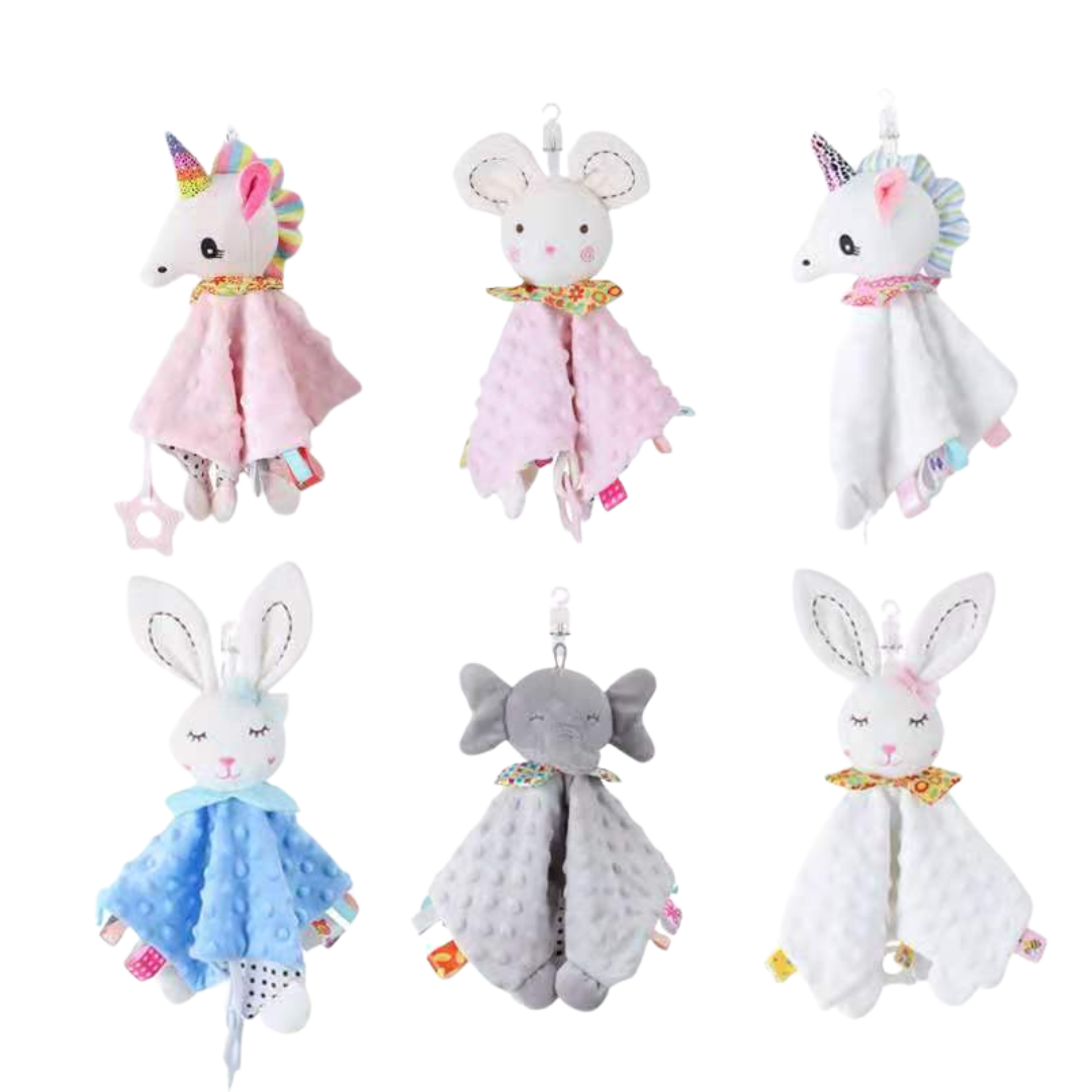 Soothing plush cuddly blanket with rattle