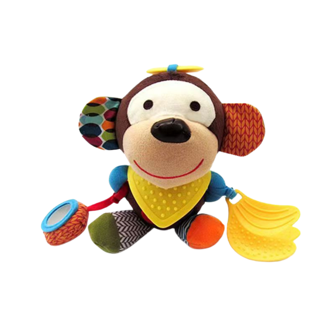 Sensory baby plush toy with rattle and silicone attachment for teething