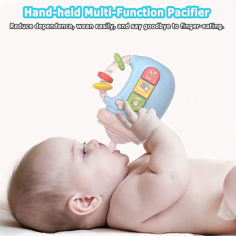 Musical baby dummy with teething ring and rattles