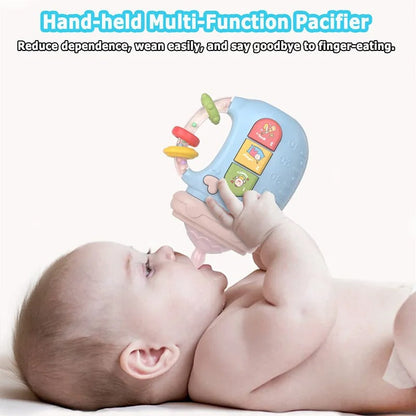 Musical baby dummy with teething ring and rattles